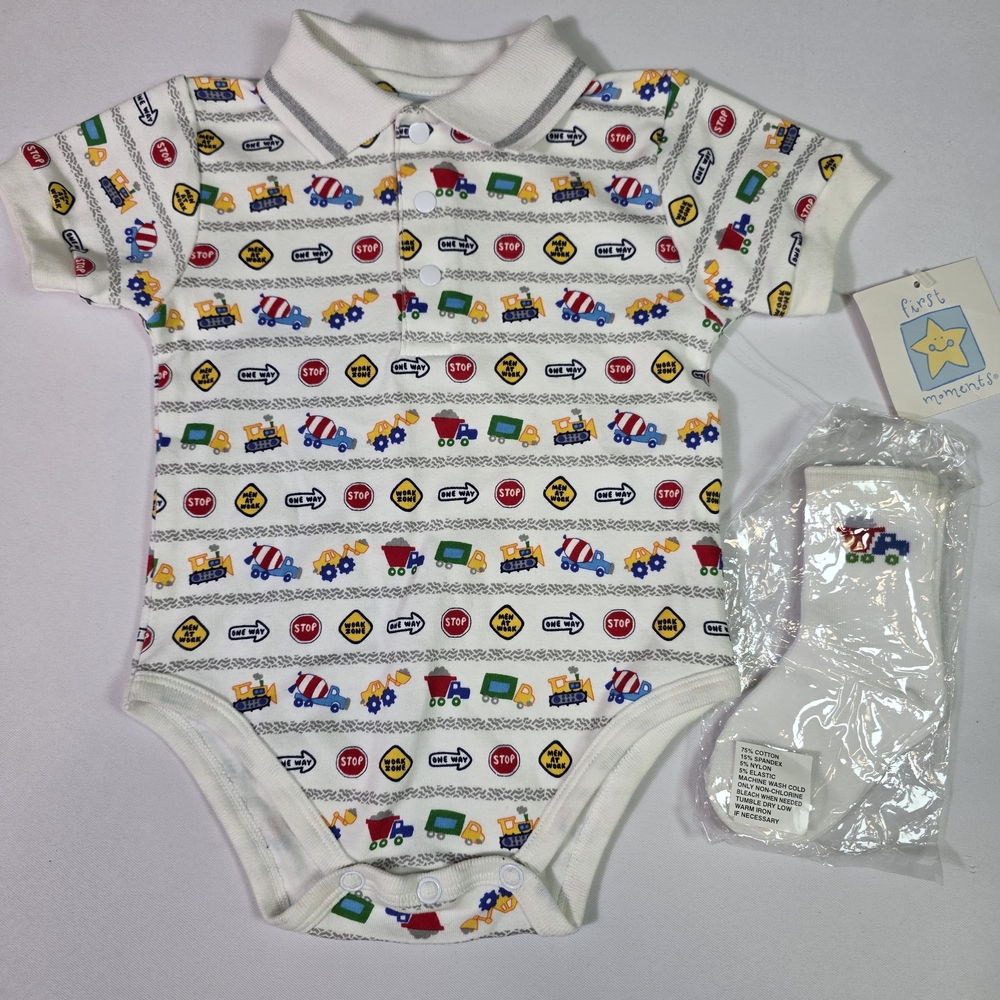 Vintage Y2K Baby Romper Set First Moments 6-9M Construction Trucks Polo